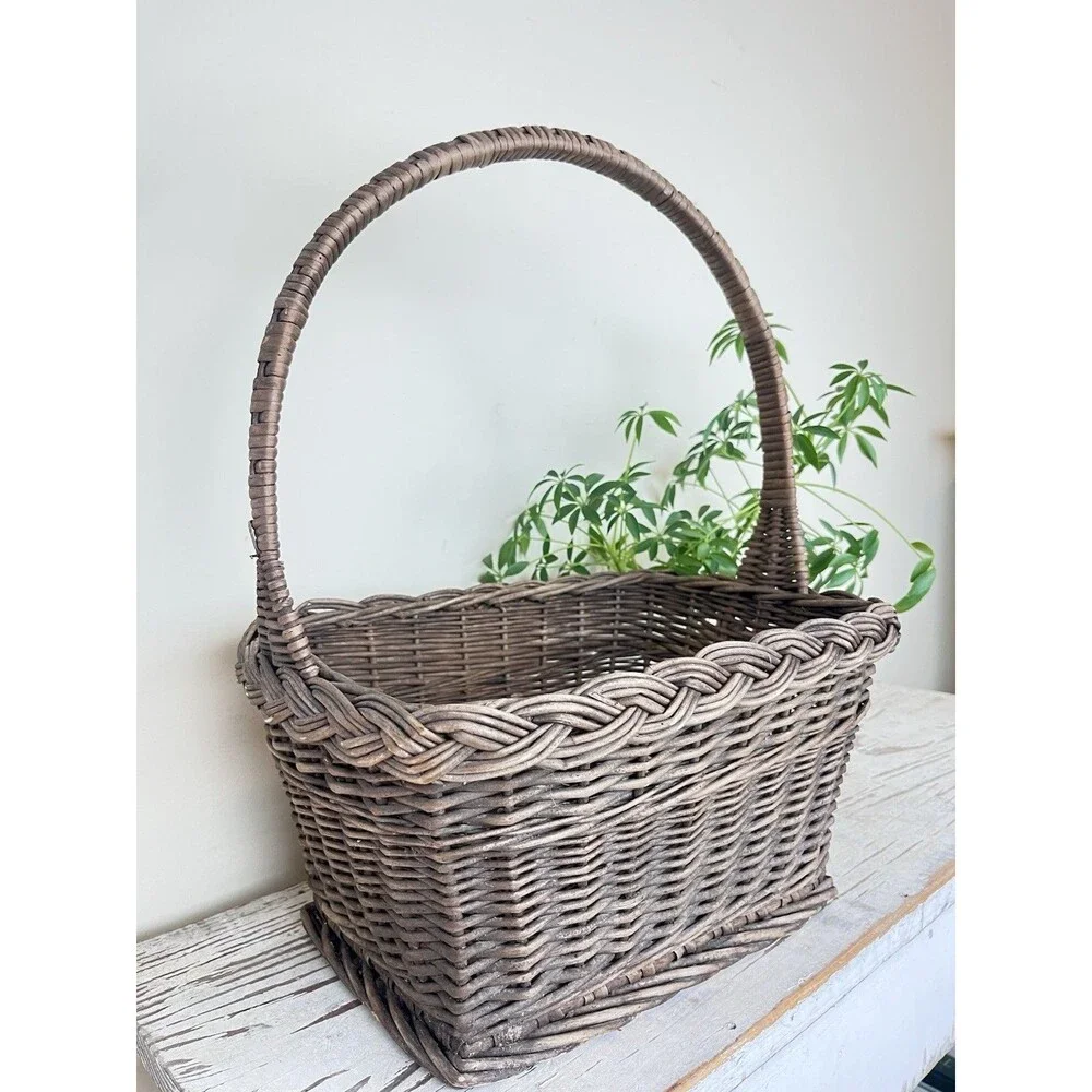 Vintage Rustic Mid Century Dark Brown Primitive Gathering Basket High Handle 18”